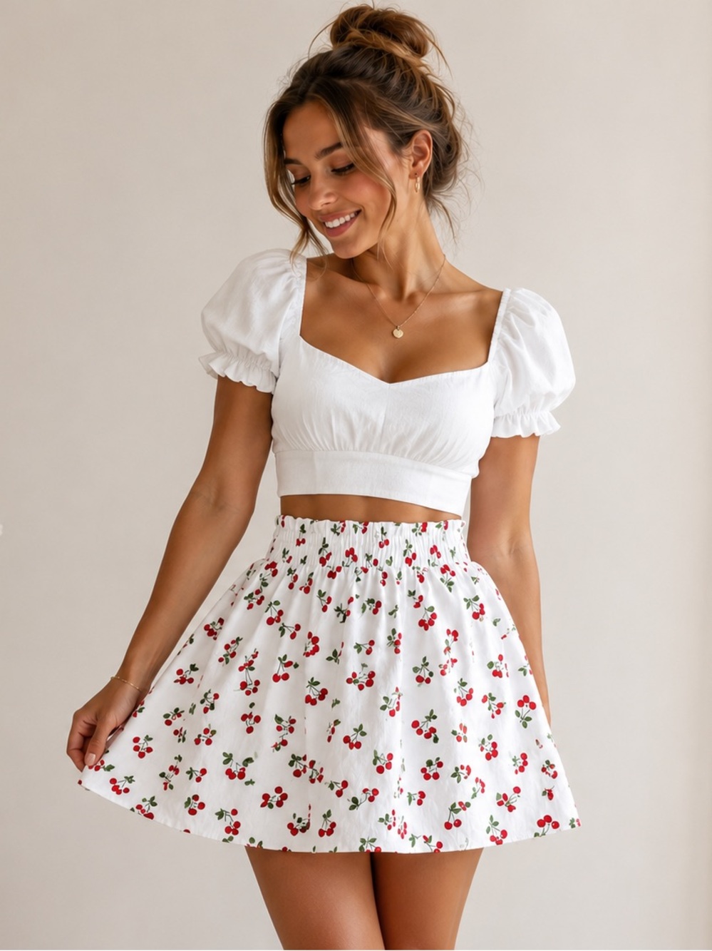 Anthropologie Cherry Print Mini Skirt White Red Fruit A-Line Smocked Waist M